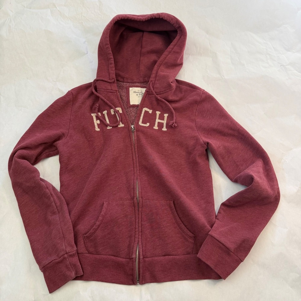 Abercrombie Fitch Mens Vintage Burgundy Full‎ Zip Hoodie Sweatshirt Size S Y2K